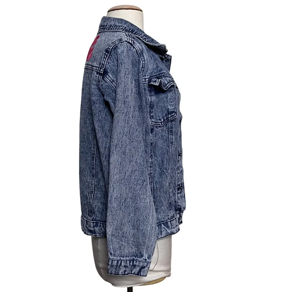 Barbie Girls Denim Trucker Jacket Size XL Acid Wash Pink‎ Embroidered Logo Retro